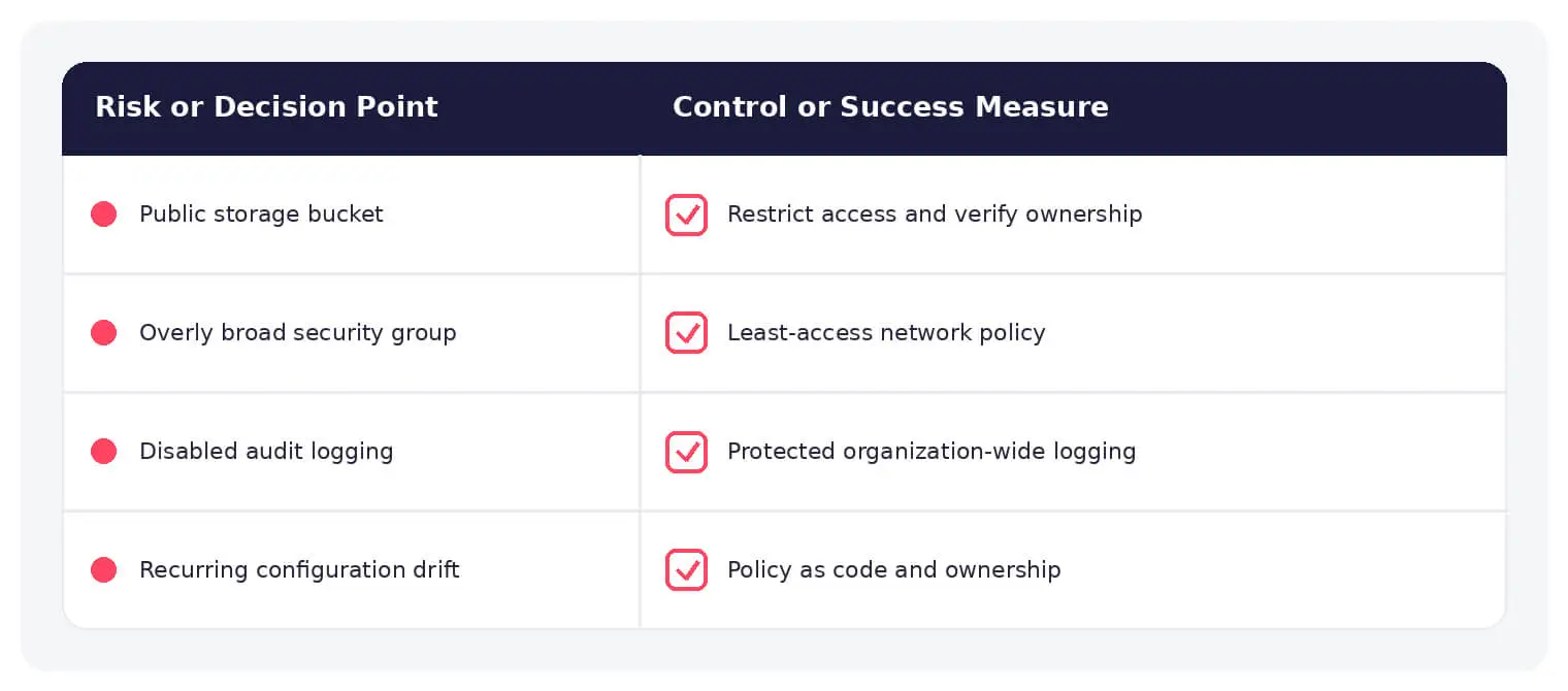 Common cloud security posture management risks paired with practical defensive controls.
