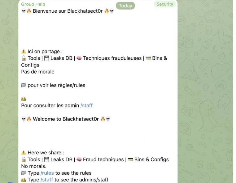 The crew's Telegram group welcome message, bilingual French and English, consistent with the crew's composition.