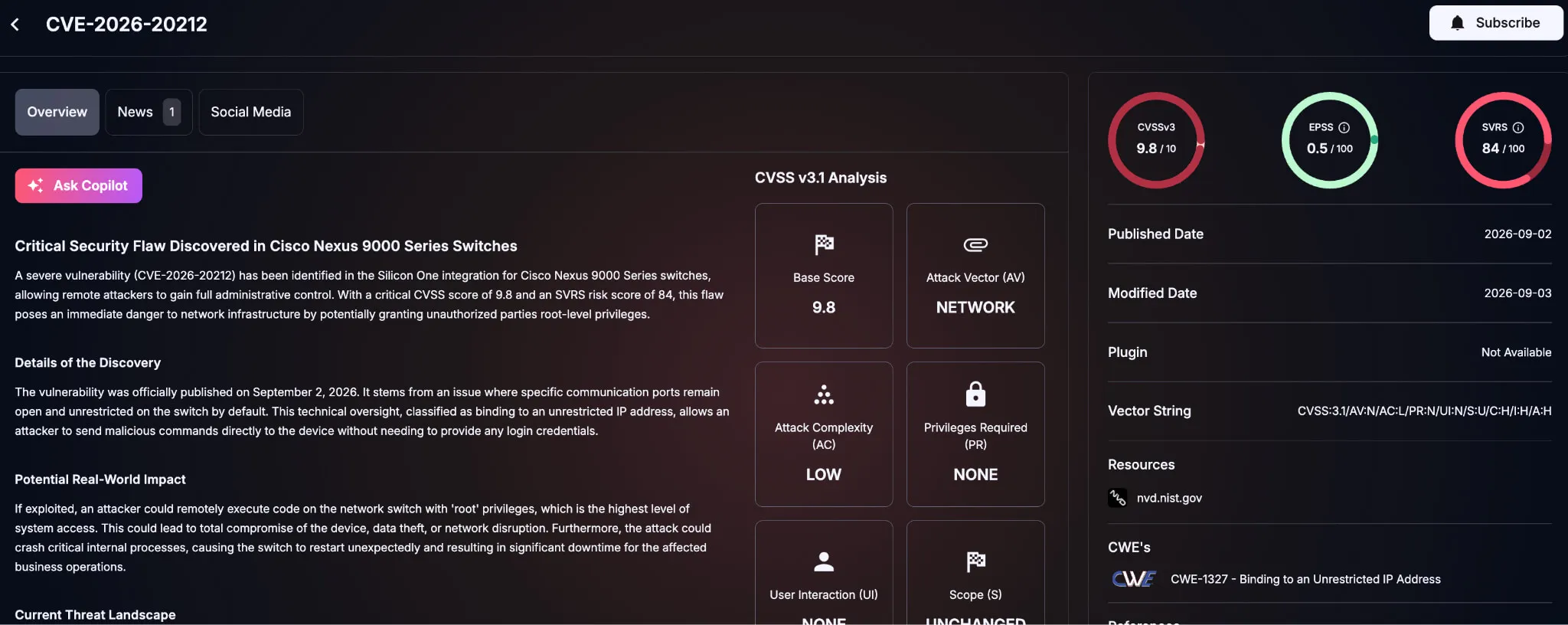 Details of CVE-2026-20212 (SOCRadar Vulnerability Intelligence)