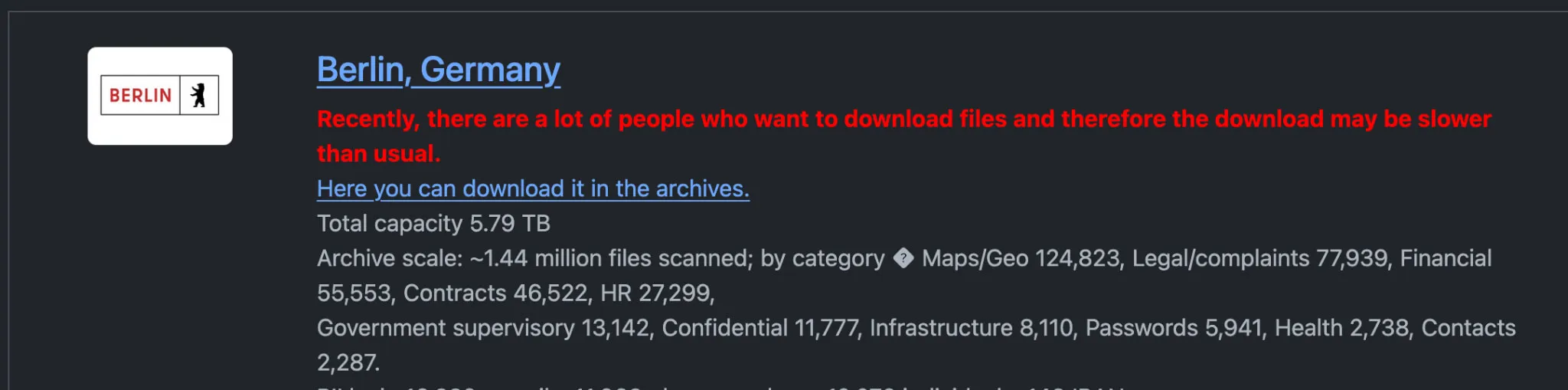 Dark Web listing of the alleged leak