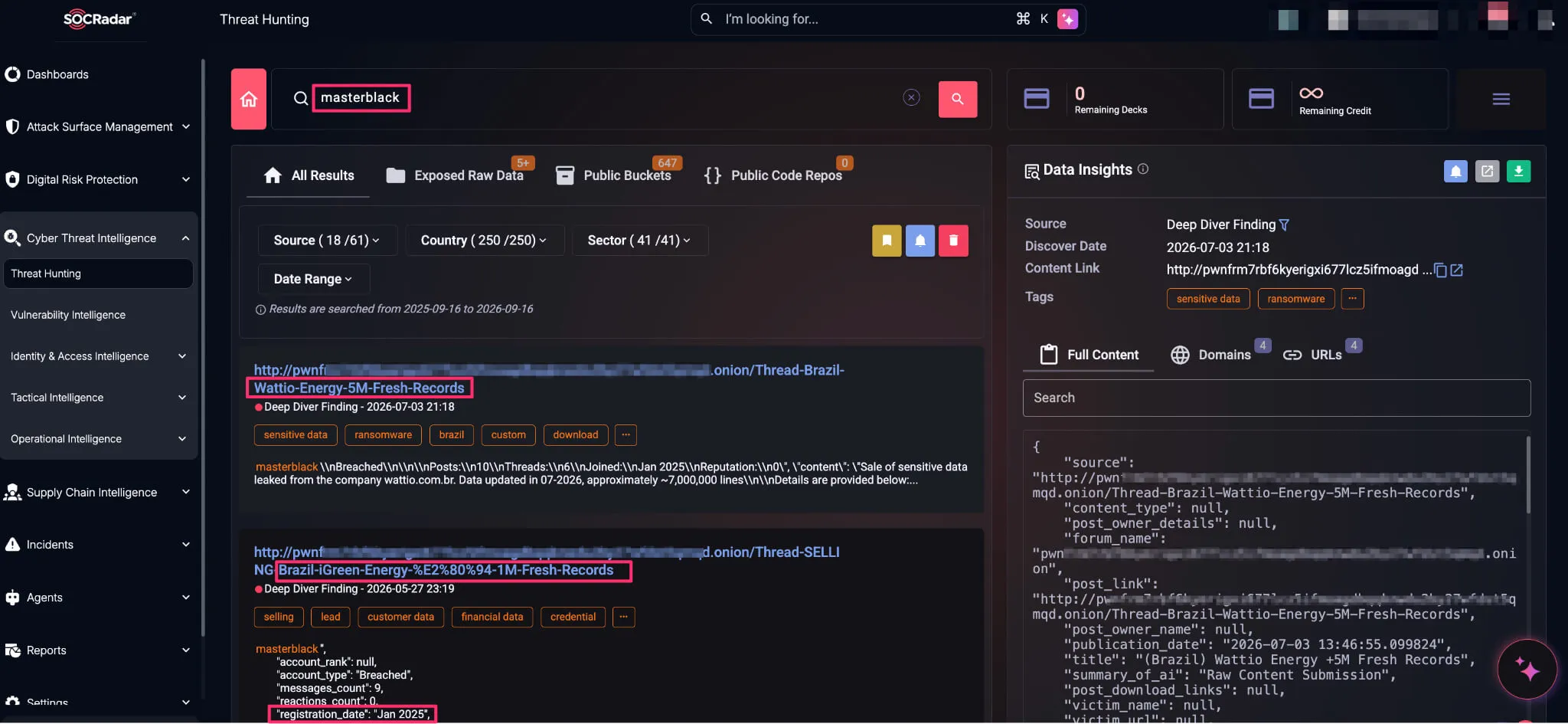 Data-sale listings by masterblack in SOCRadar Threat Hunting