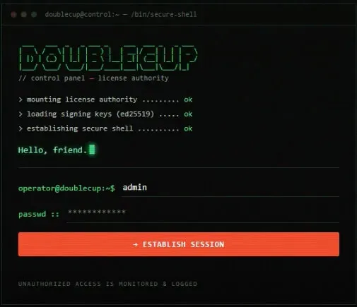 DOUBLECUP license portal login