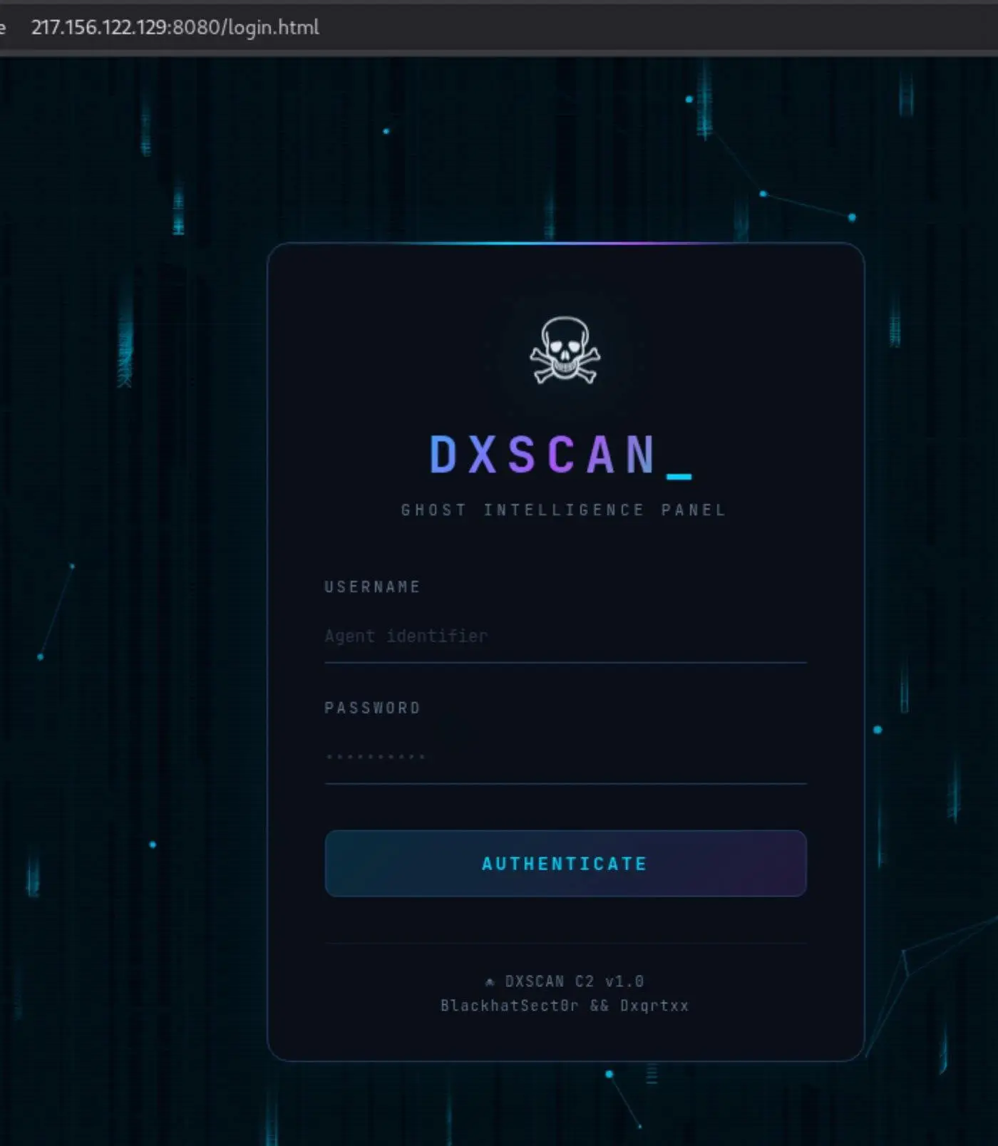 The DXSCAN C2 login portal, publicly reachable on port 8080 and footer-signed by the crew. Its French error strings corroborate the language attribution.