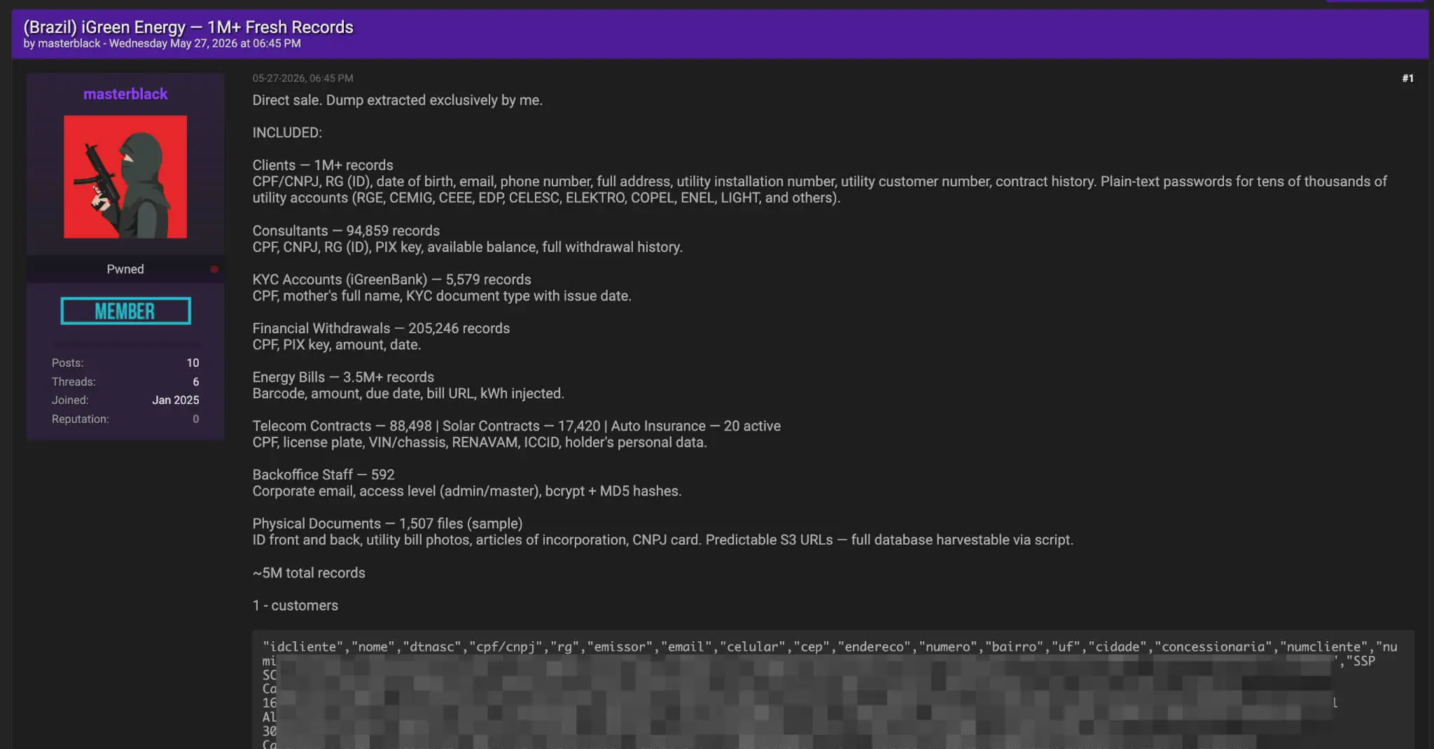 Hacker forum post selling iGreen Energy’s sensitive data