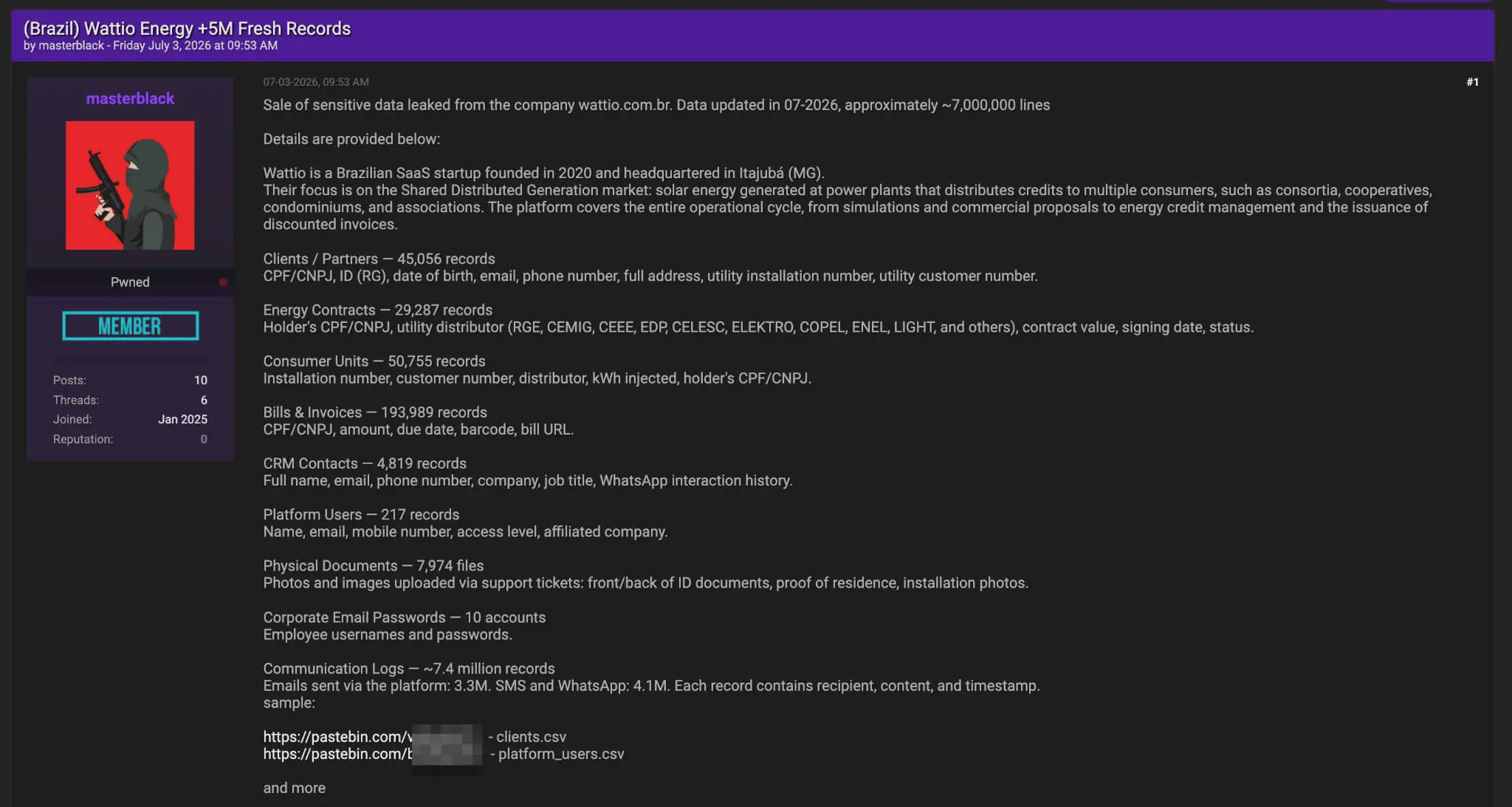 Hacker forum post selling Wattio Energy’s sensitive data