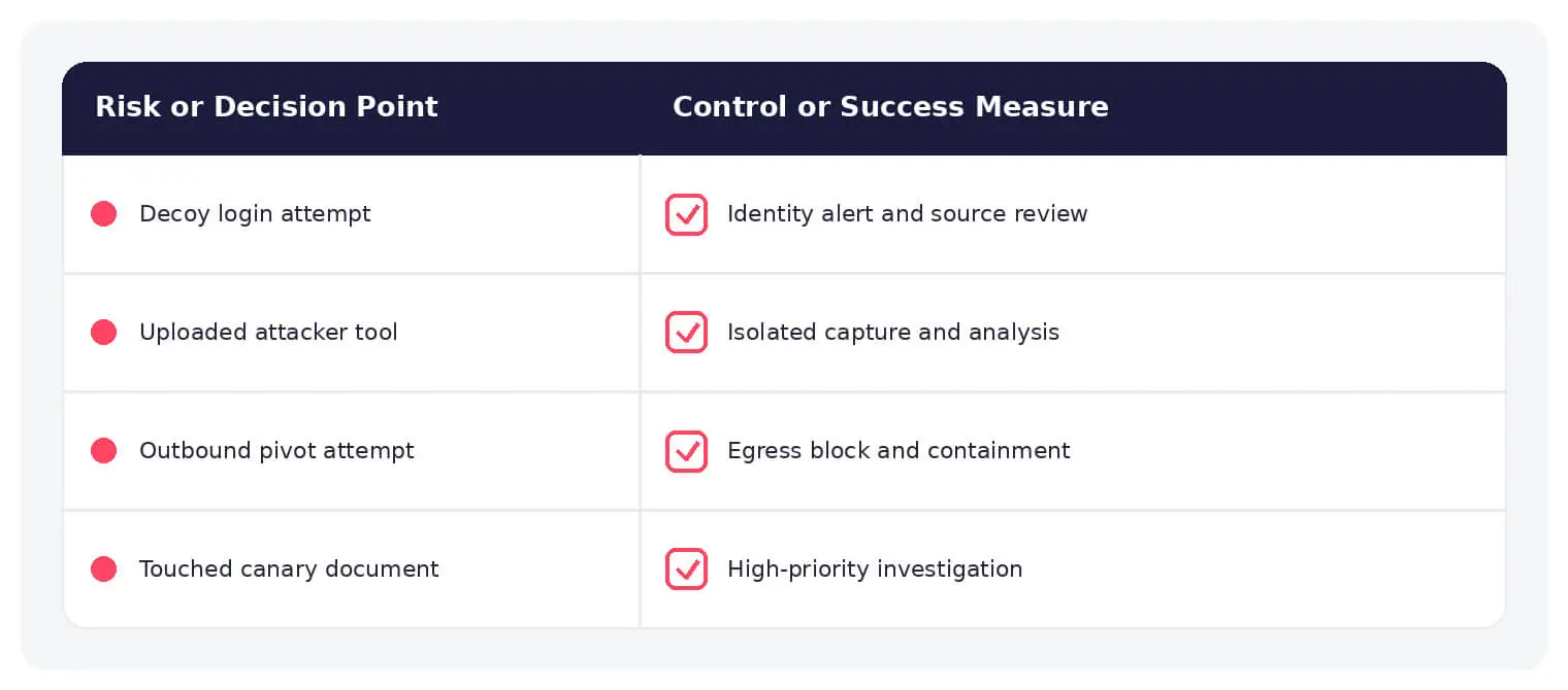 Common honeypot risks paired with practical defensive controls.