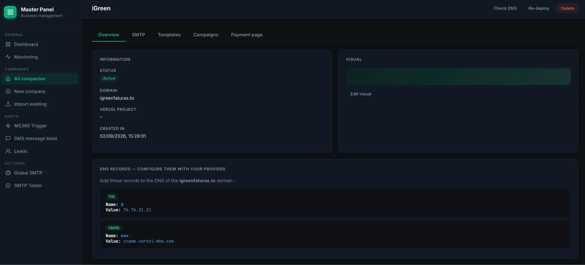 iGreen tenant overview on Master Panel