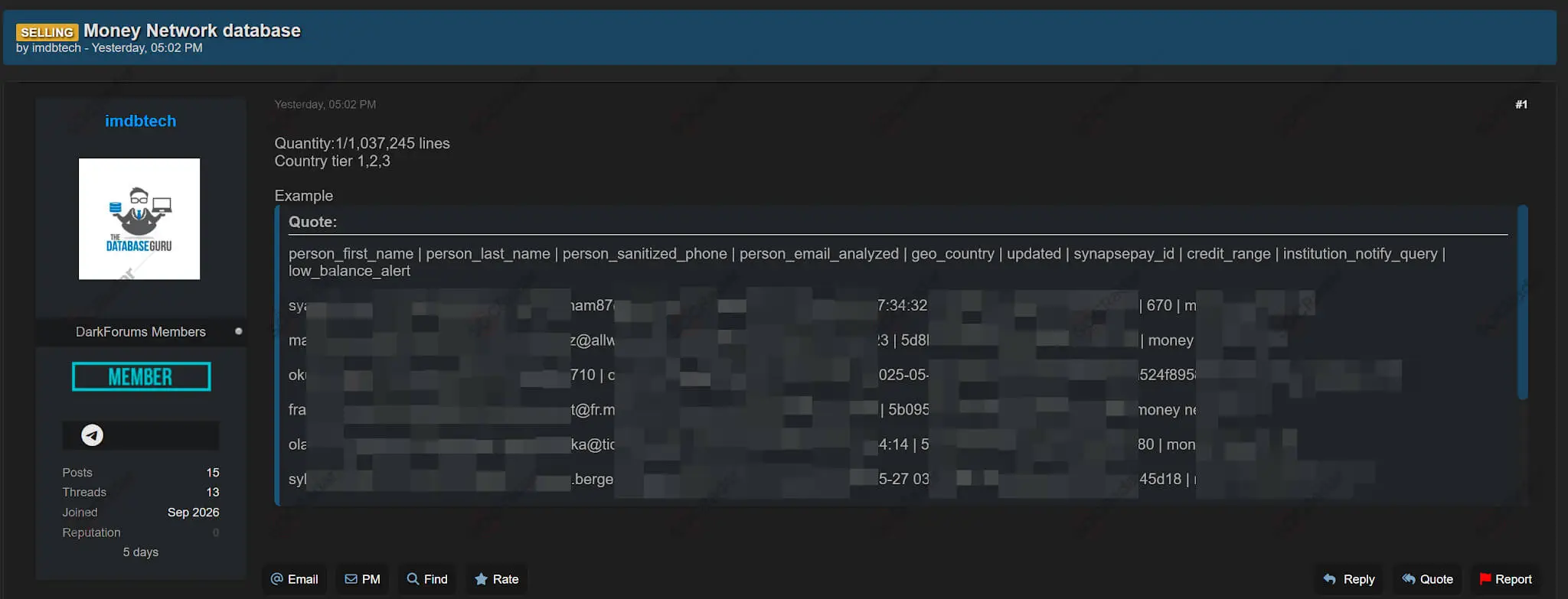 money network database offered sale dark web
