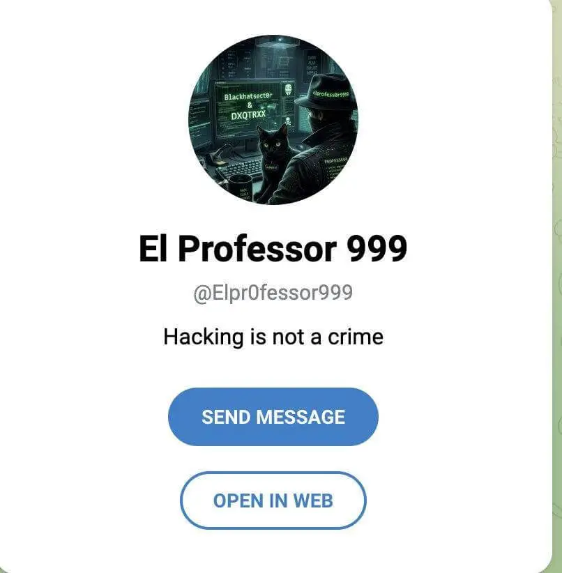 The operator's public Telegram profile. The same handle appears hard-coded as a C2 panel account and throughout the agent's identity file.