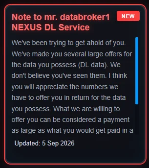 ShinyHunters’ message to “databroker1,” offering to purchase the driver’s license dataset advertised through Nexus. (SOCRadar Dark Web Team)
