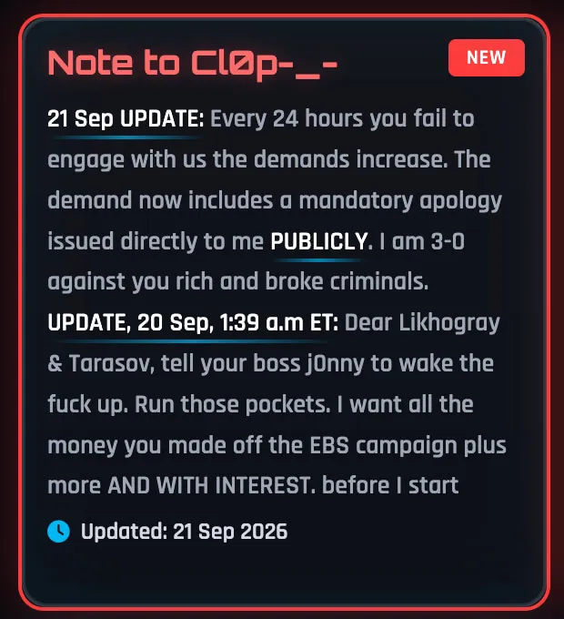 ShinyHunters' September 21 update to Cl0p, escalating its demands on the hijacked leak site.