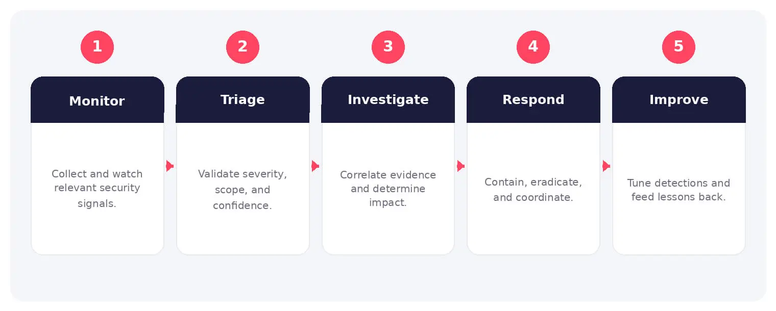 The main stages and decision points associated with security operations center.