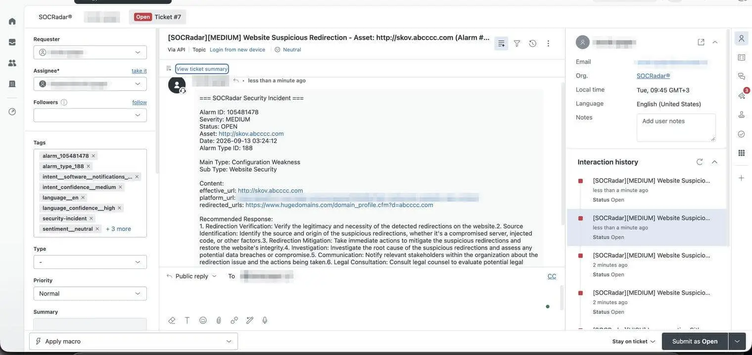 An automatically created Zendesk ticket carrying the SOCRadar alert details, tags, and recommended response.