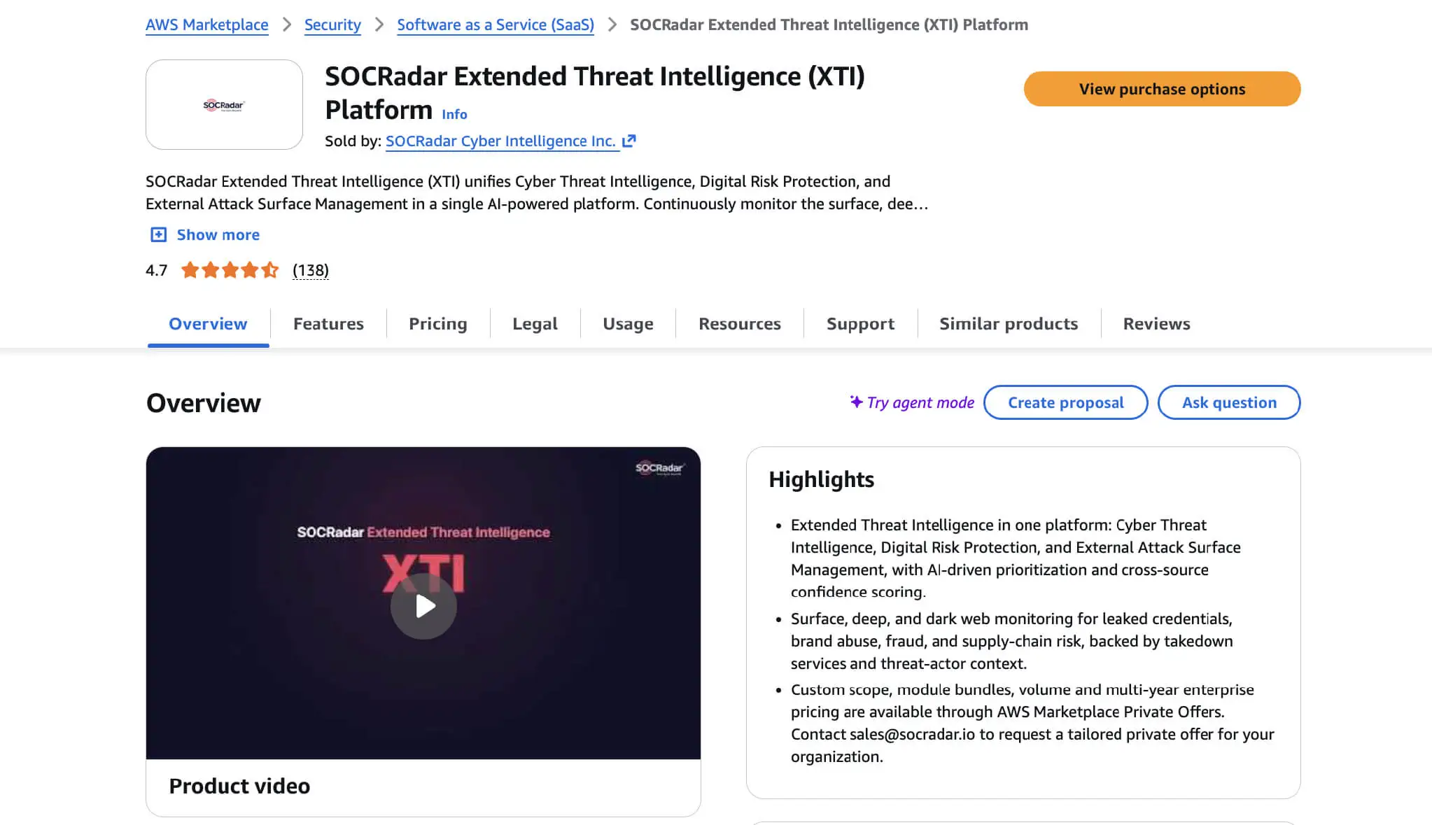 The SOCRadar Extended Threat Intelligence Platform listing on AWS Marketplace.