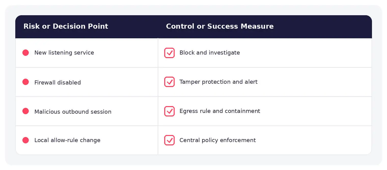Common software firewall risks paired with practical defensive controls.