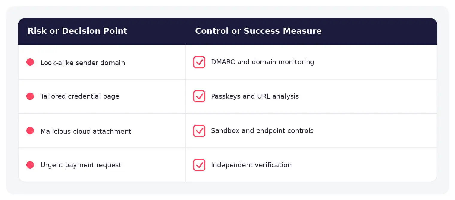 Common spear phishing risks paired with practical defensive controls.