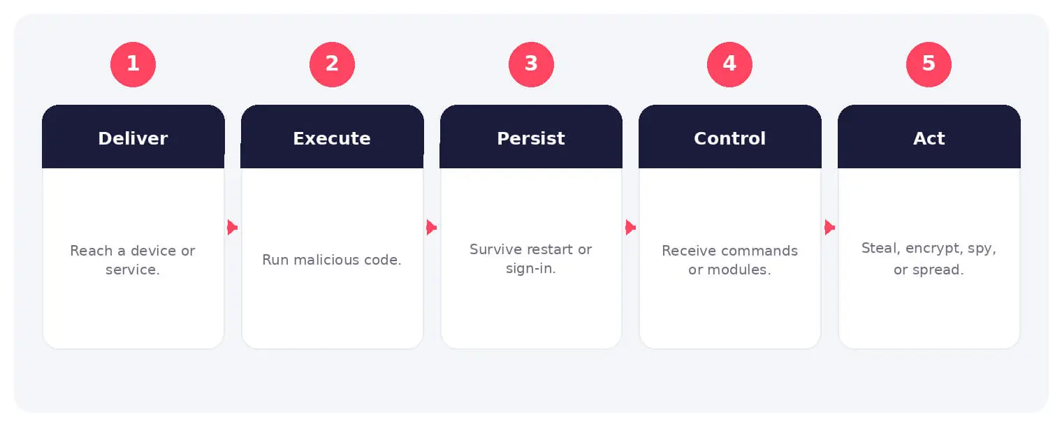 The main stages and decision points associated with types of malware.