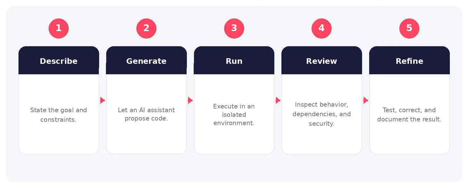 The main stages and decision points associated with vibe coding.
