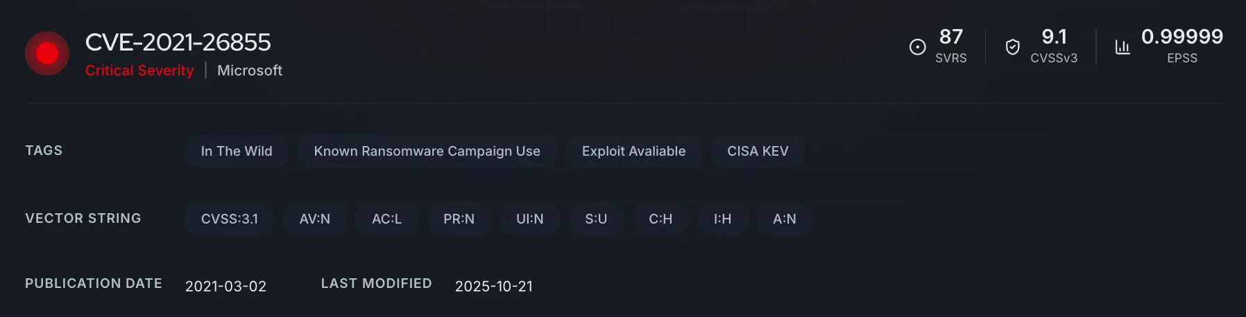 Vulnerability card of CVE-2021-26855 (CVE Radar)