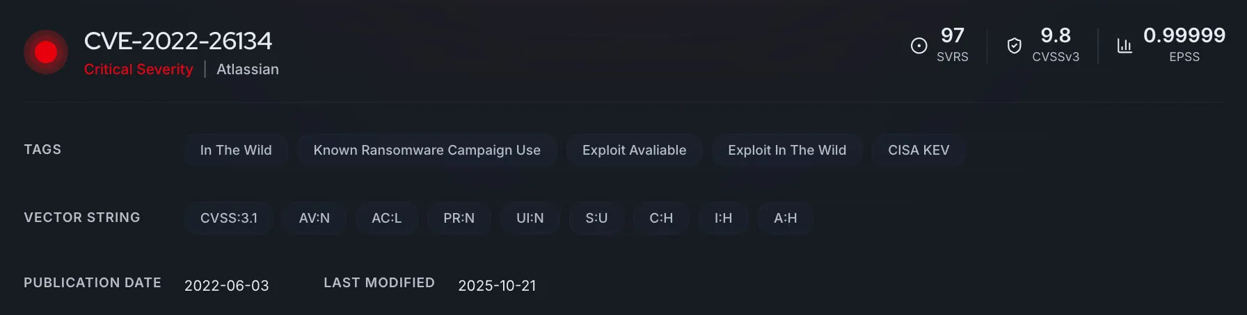 Vulnerability card of CVE-2022-26134 (CVE Radar)