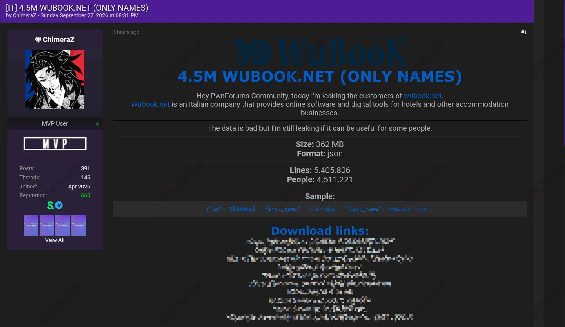 wubook hospitality software customer data leak