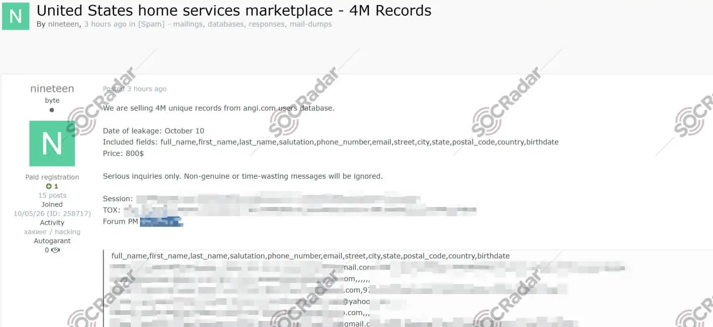 angi database sale dark web announcement