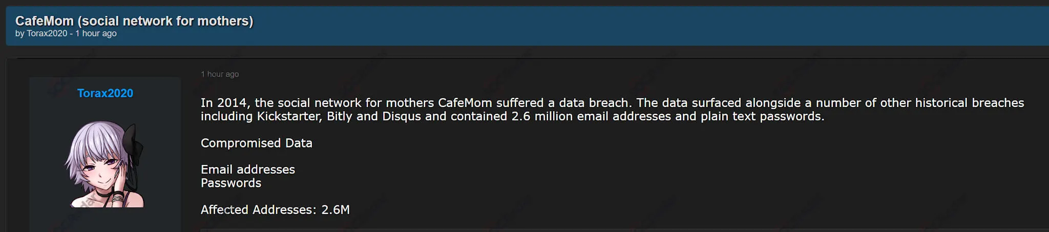 cafemom historical breach data resurfacing email passwords
