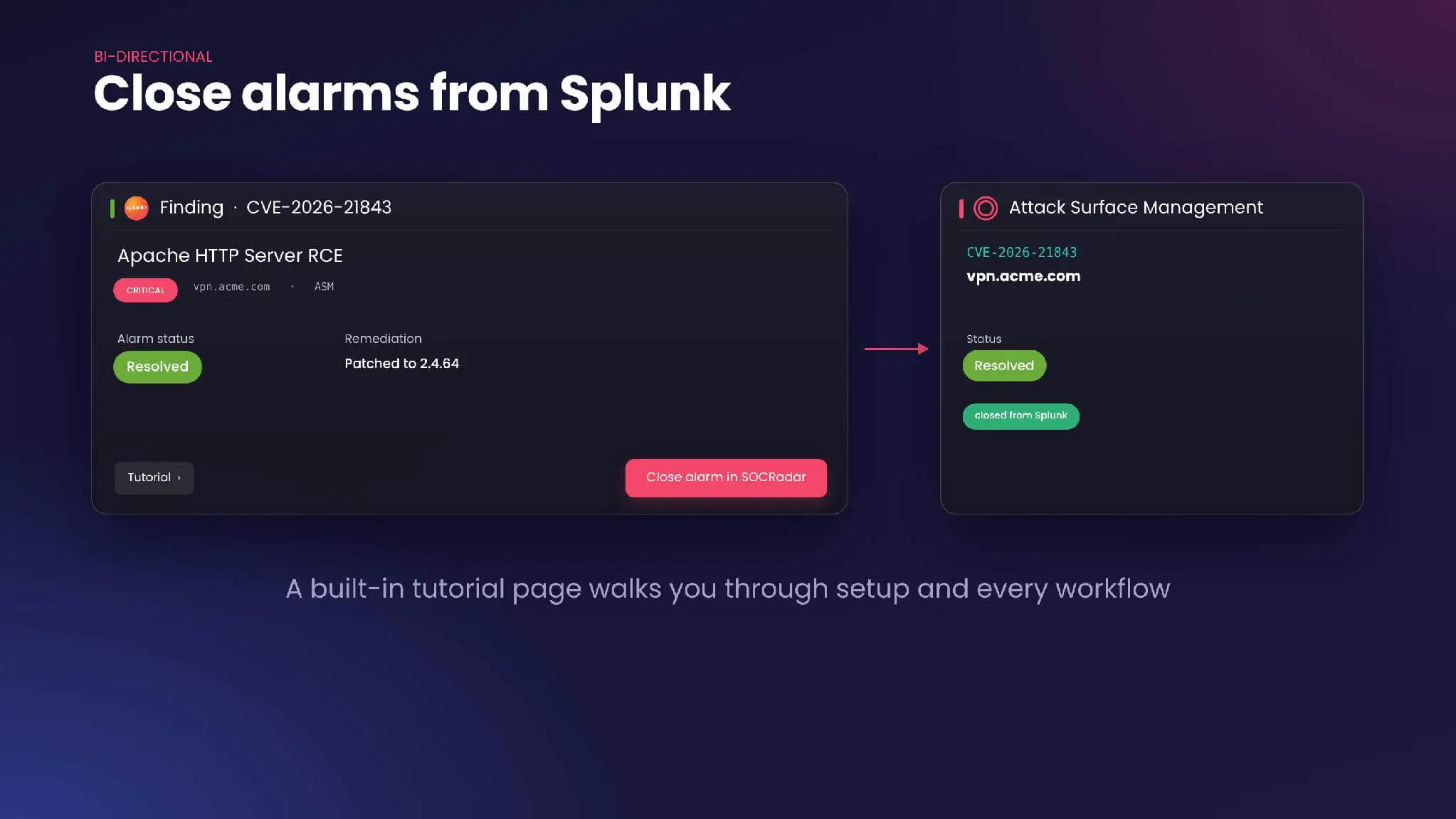 Close the matching SOCRadar alarm directly from Splunk once a finding is fixed.