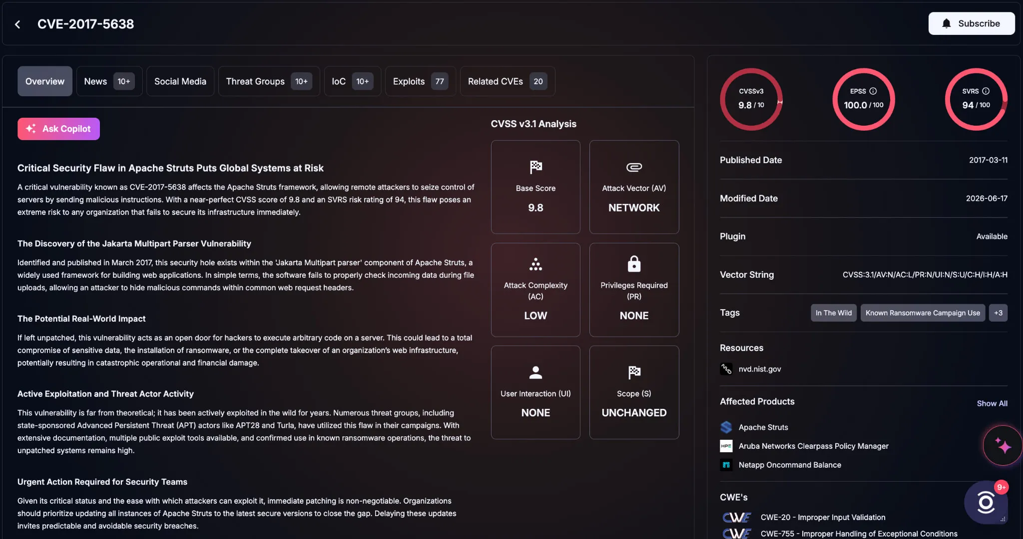 Details of CVE-2017-5638 (SOCRadar Vulnerability Intelligence)