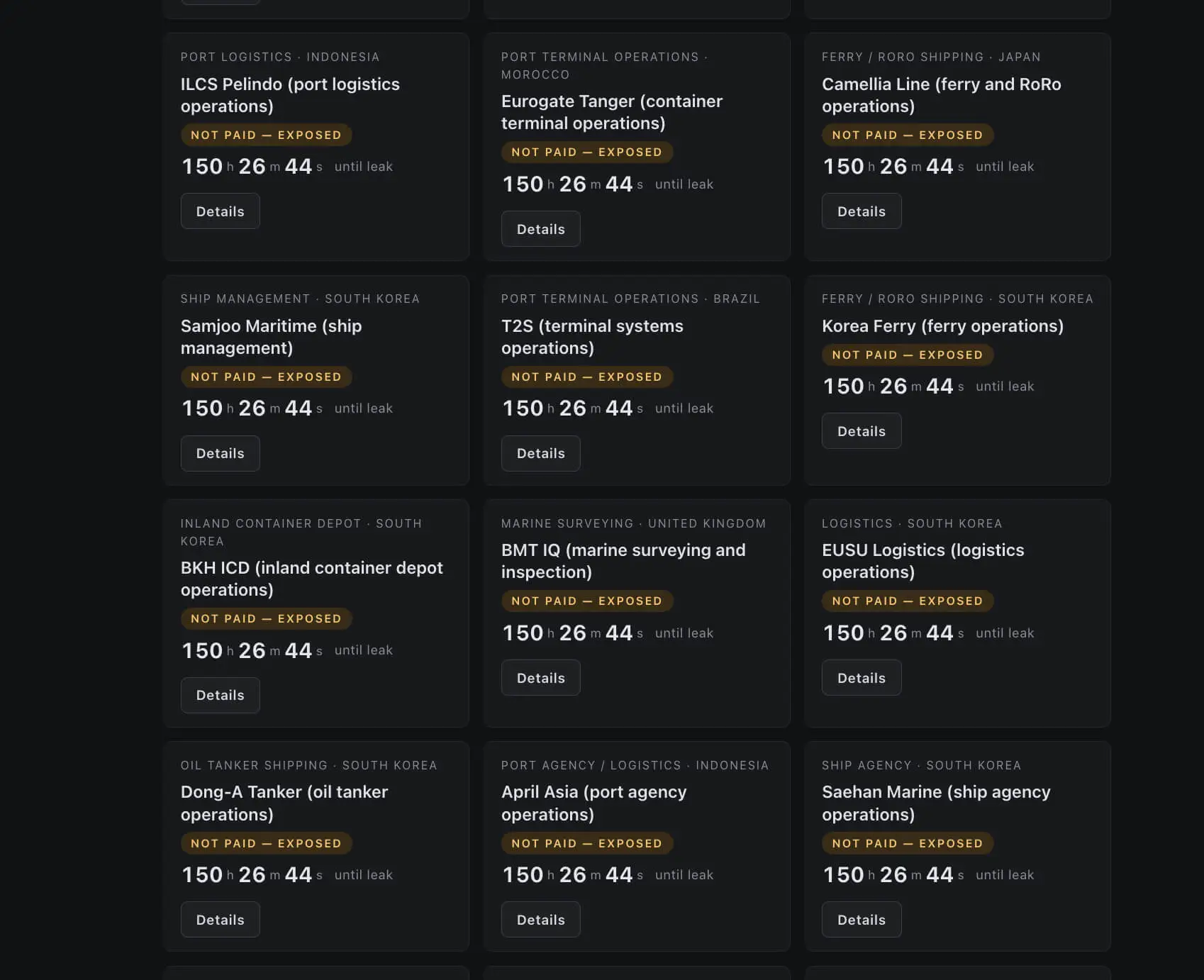Maritime and logistics victims on n0n's Dark Web leak site, each marked "NOT PAID, EXPOSED" with a countdown to publication