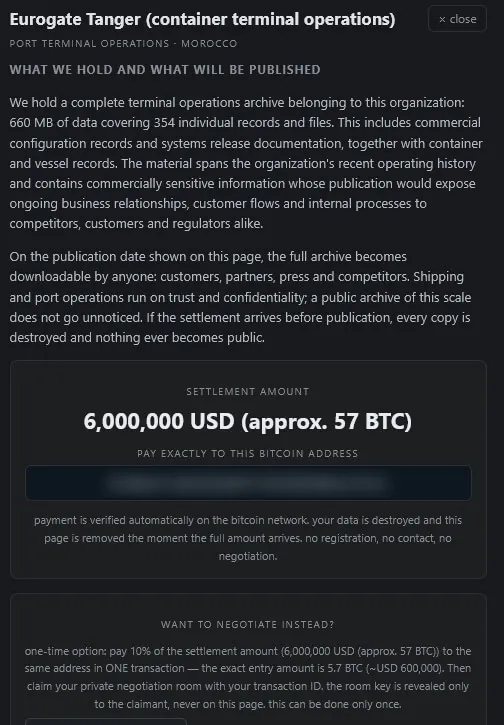 n0n's Eurogate Tanger posting, with a USD 6 million settlement demand and a 10% entry fee for a private negotiation room