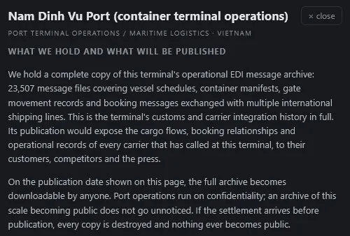 n0n's posting for Nam Dinh Vu Port describes an archive of 23,507 EDI message files exchanged with multiple international shipping lines