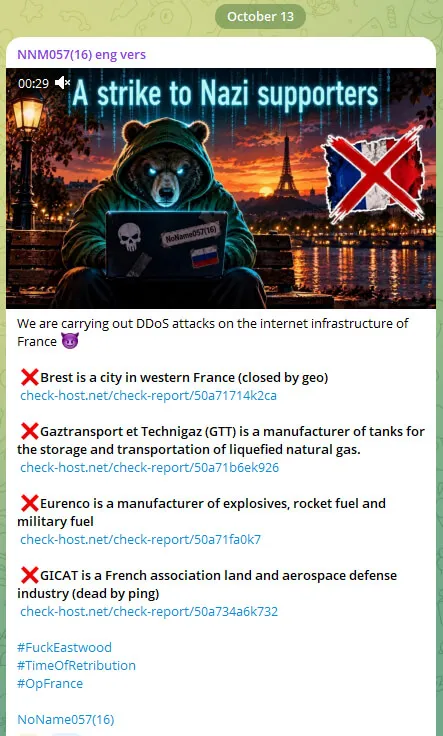 NoName057(16) post claiming DDoS attacks on Brest, GTT, Eurenco and GICAT, October 13, 2026