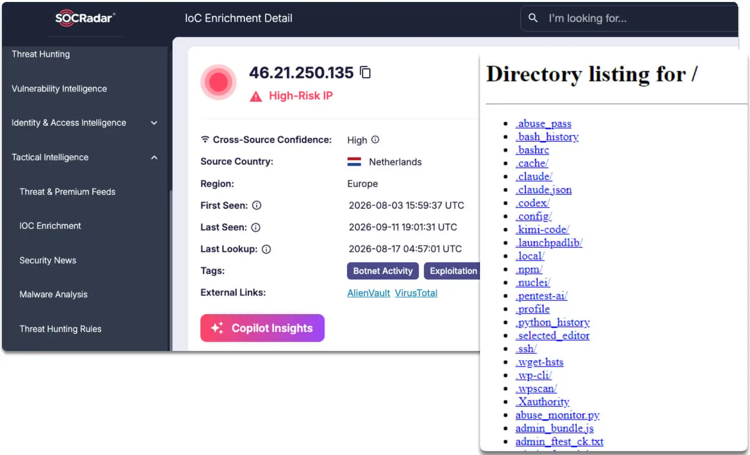 SOCRadar IoC enrichment for the seed node alongside the exposed open directory listing