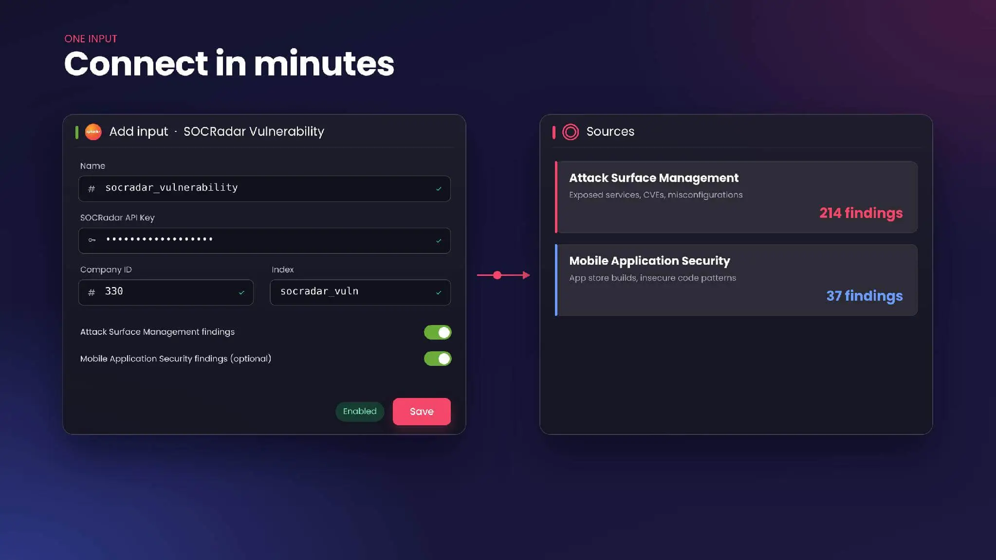 SOCRadar Vulnerability: one input, Attack Surface Management findings plus optional Mobile Application Security.