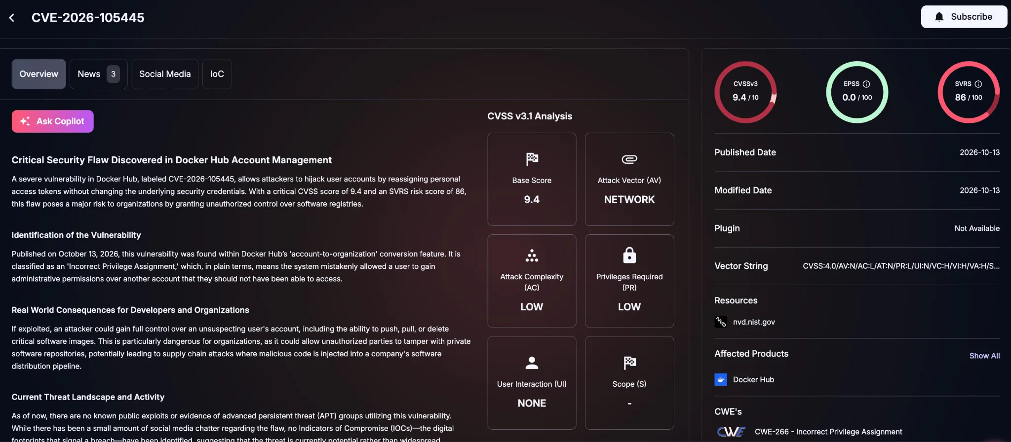 SOCRadar Vulnerability Intelligence card for CVE-2026-105445