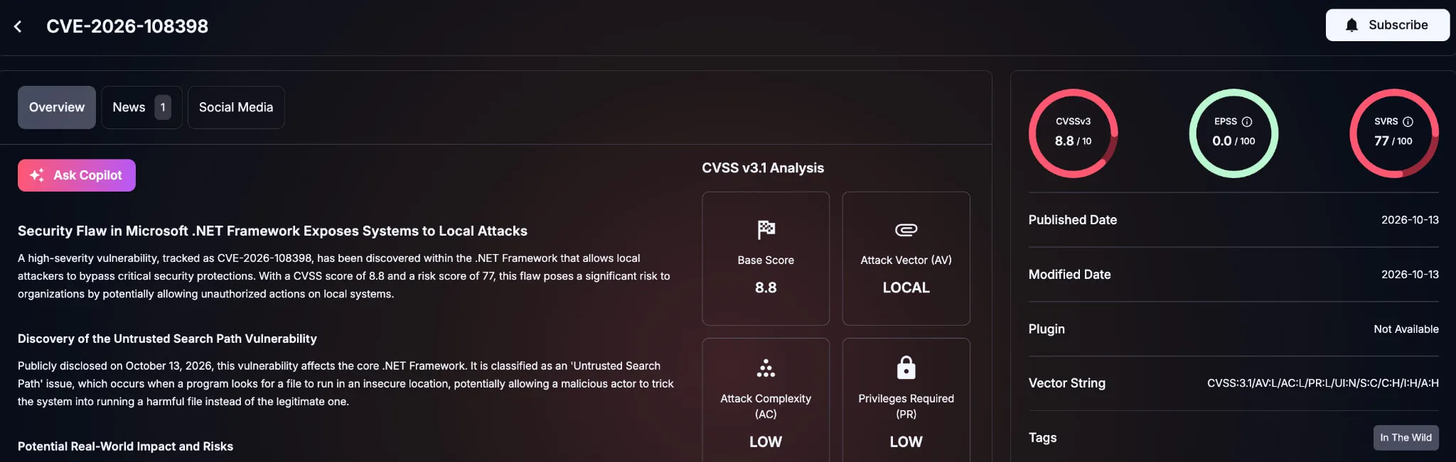 SOCRadar Vulnerability Intelligence card for CVE-2026-108398