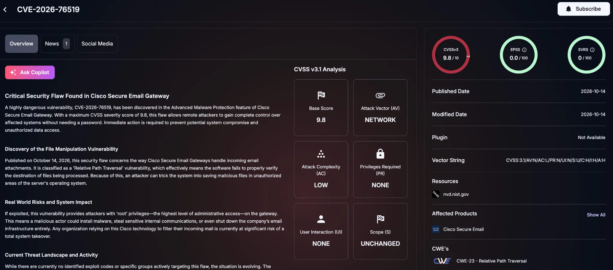 SOCRadar Vulnerability Intelligence card for CVE-2026-76519