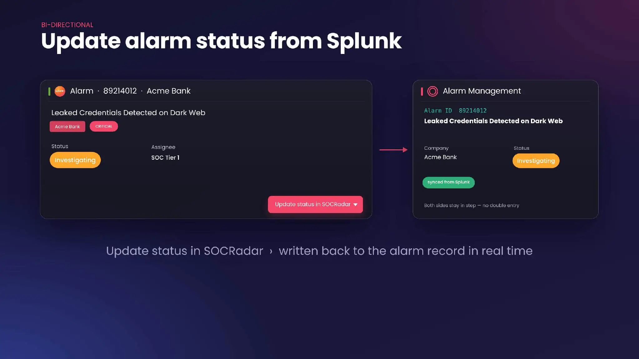 Update an alarm's status from Splunk; the change is written back to SOCRadar.
